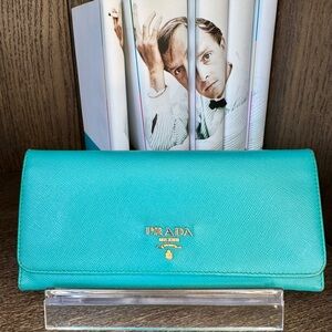 Turquoise Prada Saffiano Flap Leather Wallet